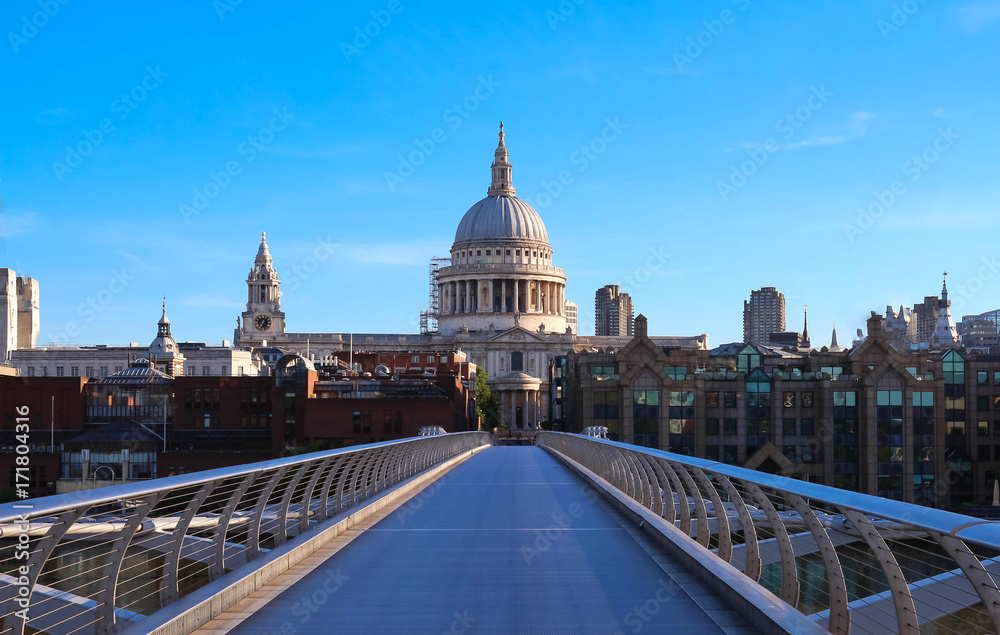 The view of the dome of Saint Paul's Cathedral and Millenium bridge, City of London.