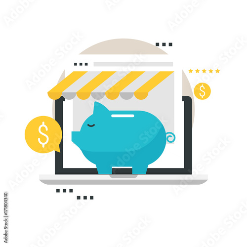 Online store, online shopping, e-shopping, e-commerce, purchasing online, sale, discounts, savings flat vector illustration design for mobile and web graphics