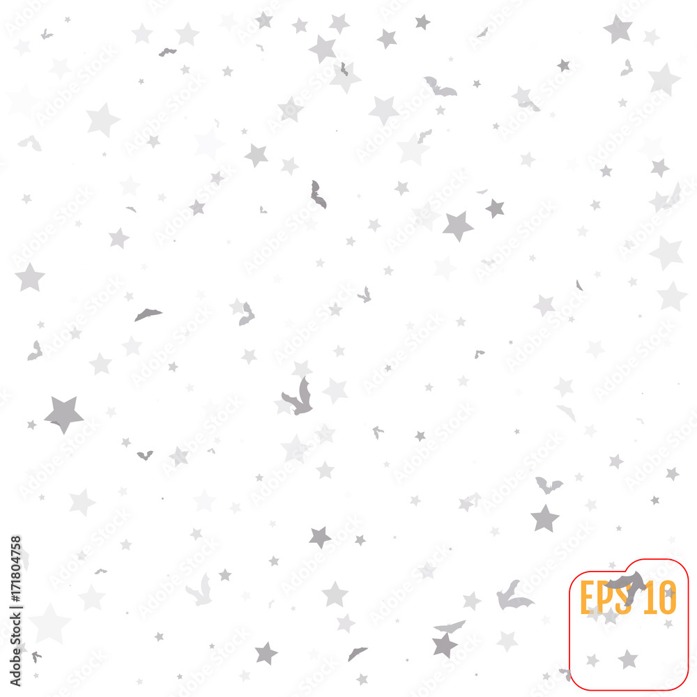 Abstract pattern of random falling silver bats and stars on white background. Glitter pattern for banner, greeting card, halloween card, invitation, postcard, paper packaging. Vector illustration