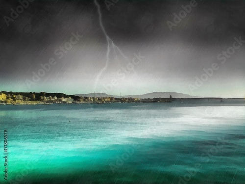 View of storm seascape. Lightning in the sky. Painted on canvas hand drawn landscape of the storm. Watercolor painting artwork. © Avgustus