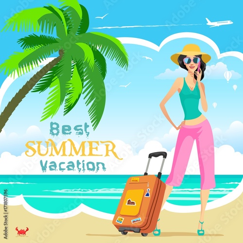 The woman who dreams of going on a vacation and her suitcase.