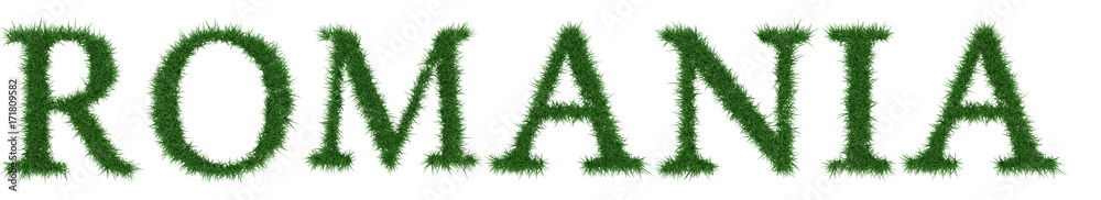 Romania - 3D rendering fresh Grass letters isolated on whhite background. Romania - 3D rendering fresh Grass letters isolated on whhite background.