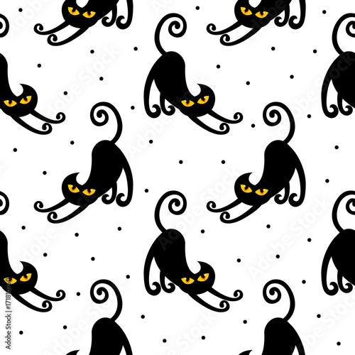 Cute black cat seamless pattern. Happy Halloween concept design. Illustration isolated on white background.