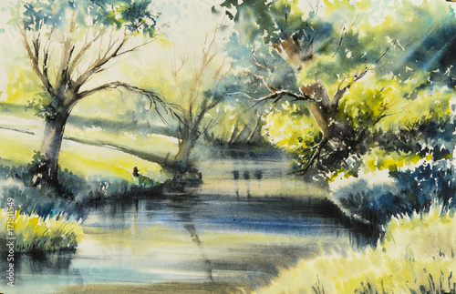 Obraz na płótnie Lato wiejski krajobraz z rzeką i drzewa. Obraz tworzący z akwarelami.