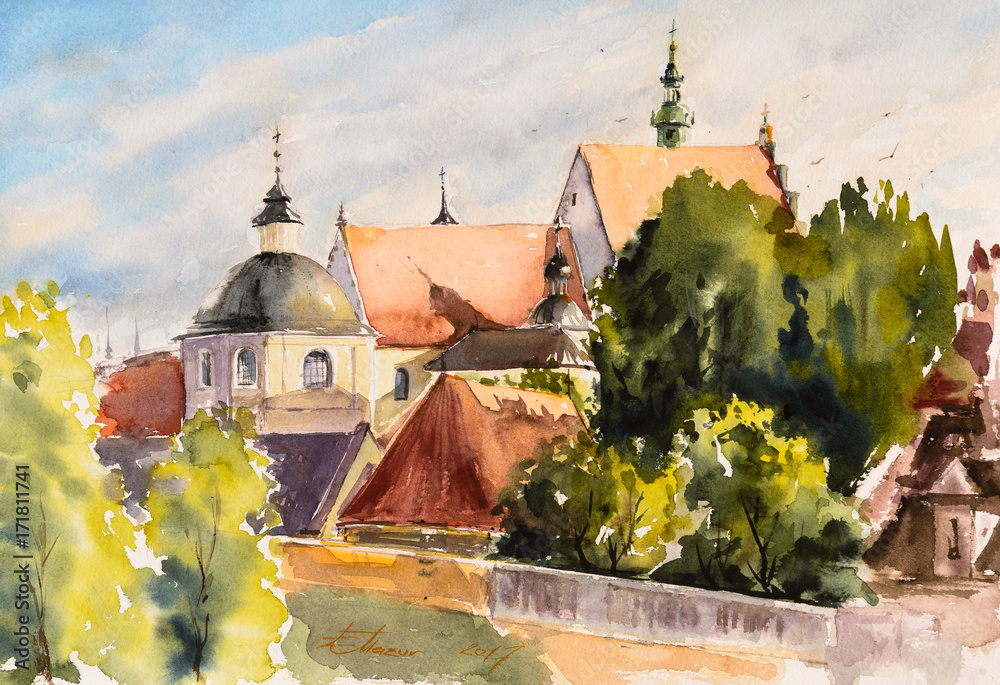 Old town in Lublin, Poland ,watercolors painted. - obrazy, fototapety, plakaty 