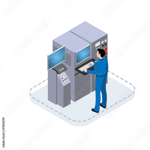 worker controls processes in production, isometric illustration