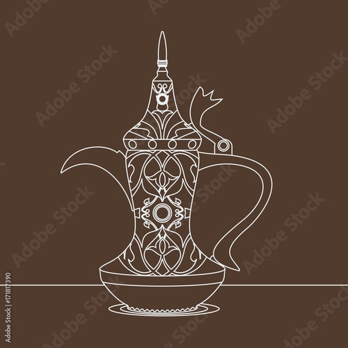 Editable Antique Dallah Arabian Coffee Pot Vector Illustration with Outline Style and Detailed Pattern for Cafe and Middle Eastern Culture and Tradition Related Design