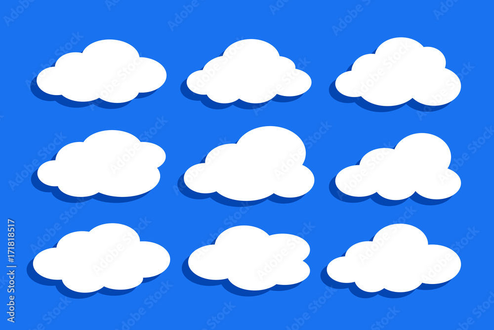 Set of white clouds collection vector icons isolated on blue background Set of white clouds collection vector icons isolated on blue background