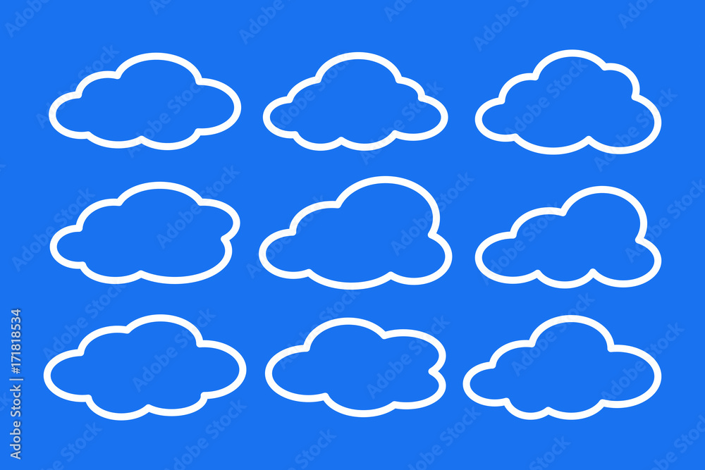 Set of white clouds collection vector icons isolated on blue background