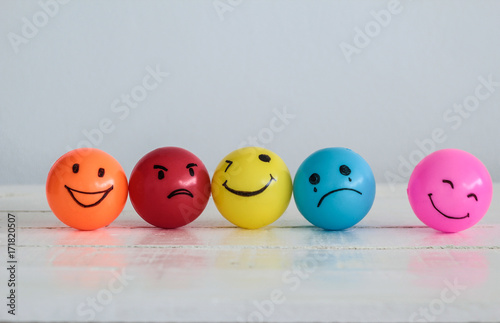 Emotions balls background, Happy Smiley faces ball in yellow , orange and pink. Sadness ball in blue and madness ball in red. Self made hand draw balls.