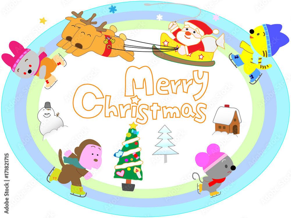 Obraz premium クリスマスの日に動物と一緒にウィンタースポーツで遊ぶサンタクロース。