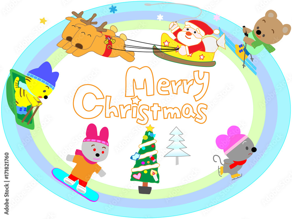 Obraz premium クリスマスの日に動物と一緒にウィンタースポーツで遊ぶサンタクロース。