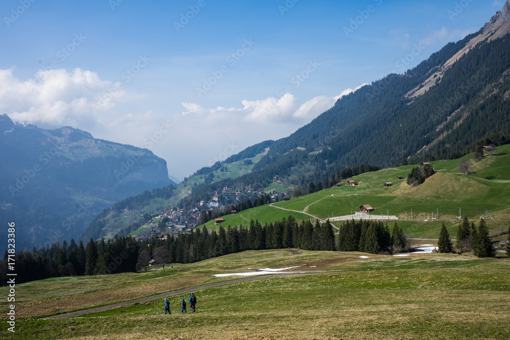 Small village with incredible view of mountain background in Switzerland
