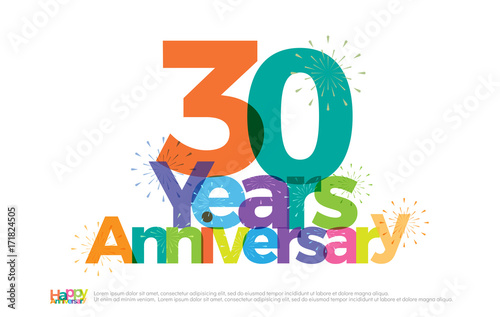 30 years anniversary celebration colorful logo with fireworks on white background. 30th anniversary logotype template design for banner, poster, card vector illustrat
