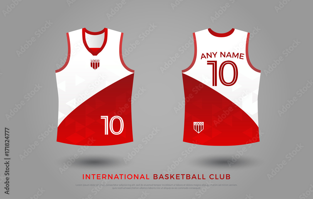 basketball t-shirt design uniform set of kit. basketball jersey template.  white and red color, front and back view shirt mock up. singapore basketball  or volleyball club vector illustration Stock Vector