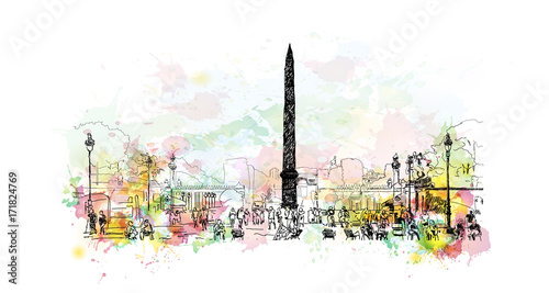 Watercolor sketch of Place de la Concorde, Paris Capital of France in vector illustration.