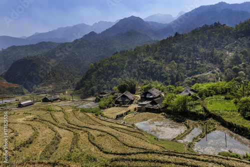 landscape view of Sapa rice fields surrounded by mountains, Vietnam