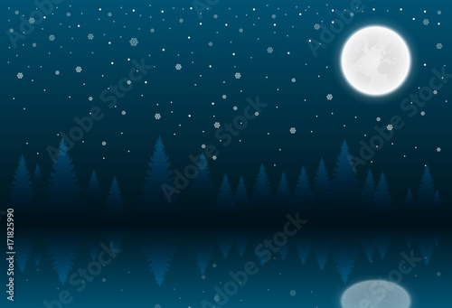 Christmas nighttime greeting. Winter landscape with coniferous forestand full moon. Vector illustration