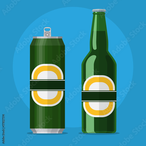 Green bottle and can with beer on blue background