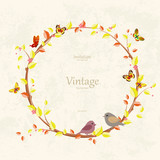 graceful autumn wreath and birds on grunge background for your d