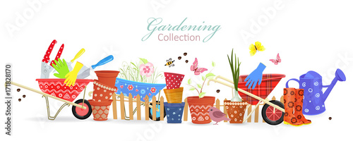 banner with border of colorful gardening tools for your design