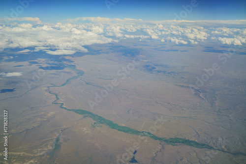 Aerial view of Badwater Creek, view from window seat in an airplane