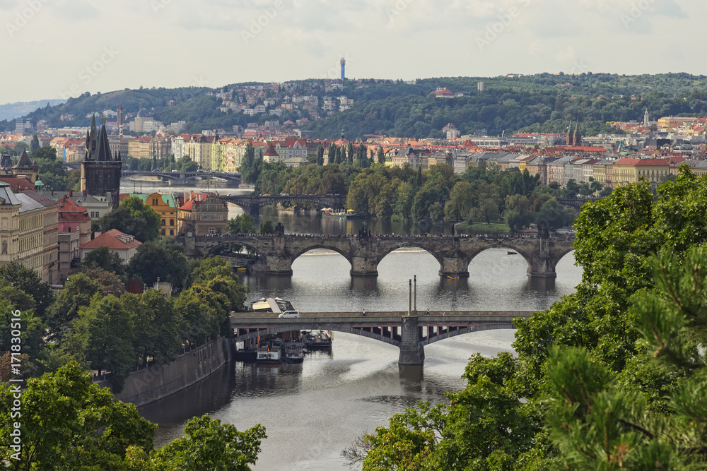 Scenic view of bridges on the Vltava river and historical center of Prague,buildings and landmarks of old town,Prague,Czech Rapublic