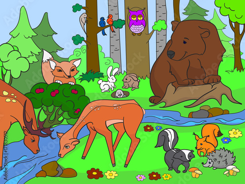 Forest Landscape with animals coloring vector for adults