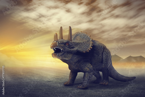 dinosaurs  - Triceratops dinosaurs toy on digital imaging like a real. with dramatic scene. photo