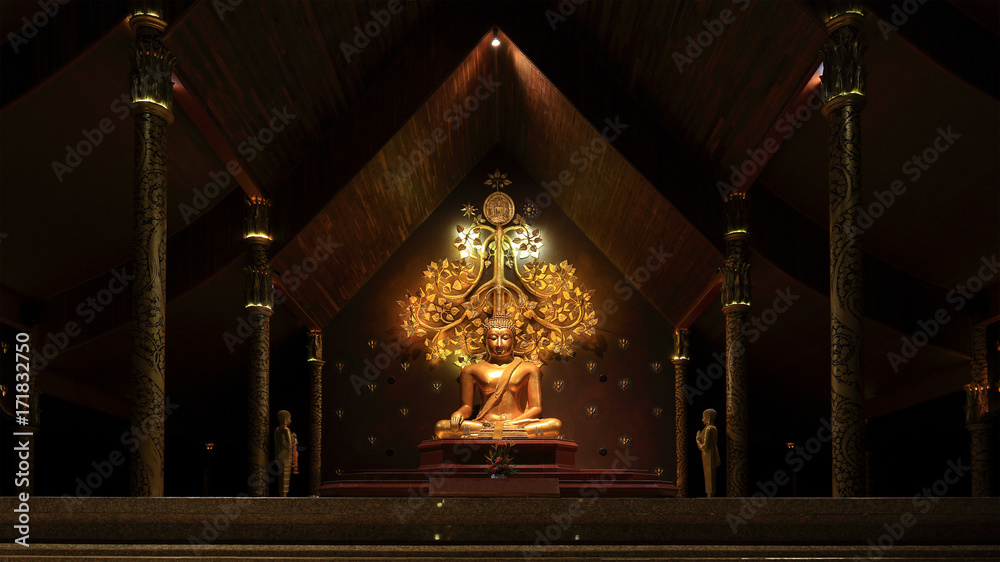 golden color meditating buddha image with two disciple praying in front and Ficus tree in the back.