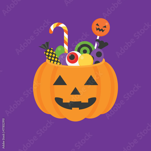 Jack o lantern bowl of halloween for trick or treat icon and candy, lollipop in flat design