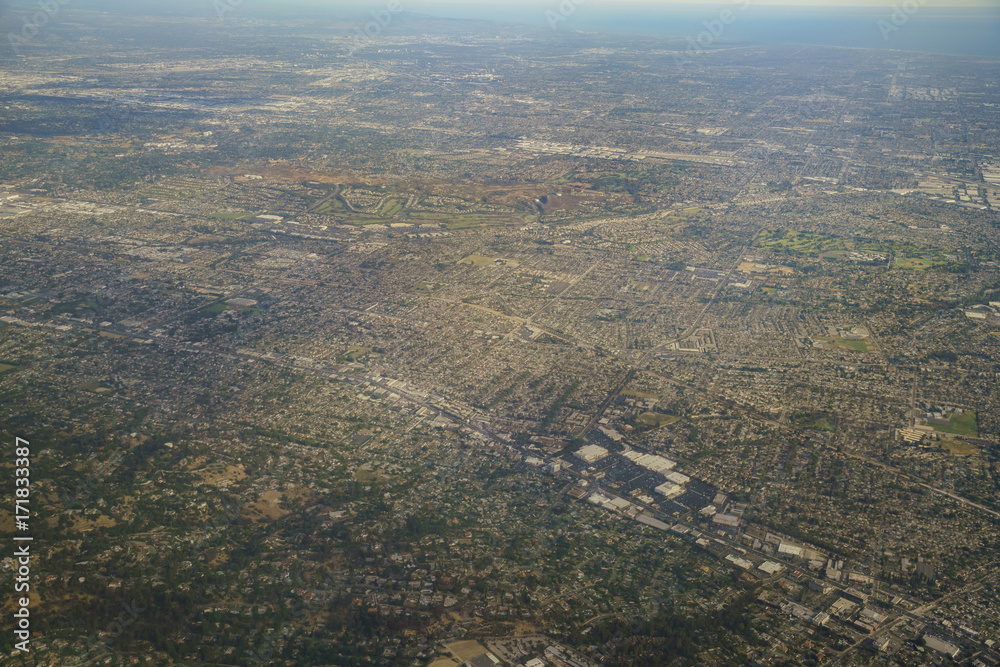 Aerial view of Brea, view from window seat in an airplane
