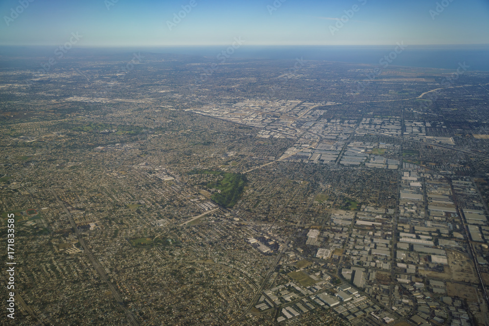 Aerial view of South Whittier, view from window seat in an airplane