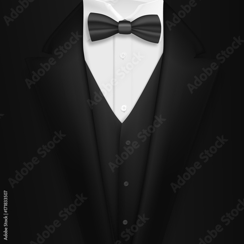 Illustration of Vector Realistic Black Suit. Photorealistic 3D Mens Elegant Tuxedo Suit with Bow Tie