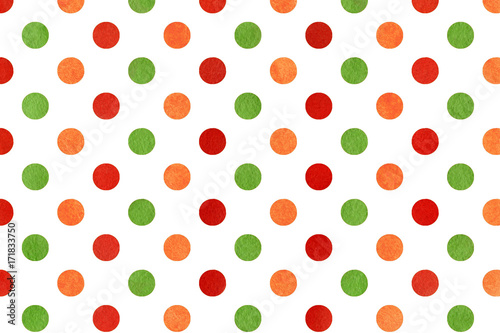 Fototapeta Naklejka Na Ścianę i Meble -  Watercolor orange, red and green polka dot background.