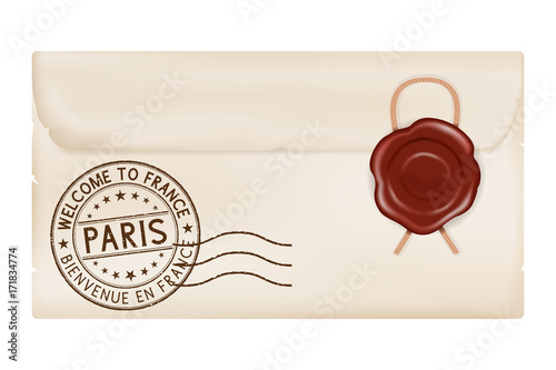 Welcome to France. Tourist stamp PARIS. Wax sealed envelope