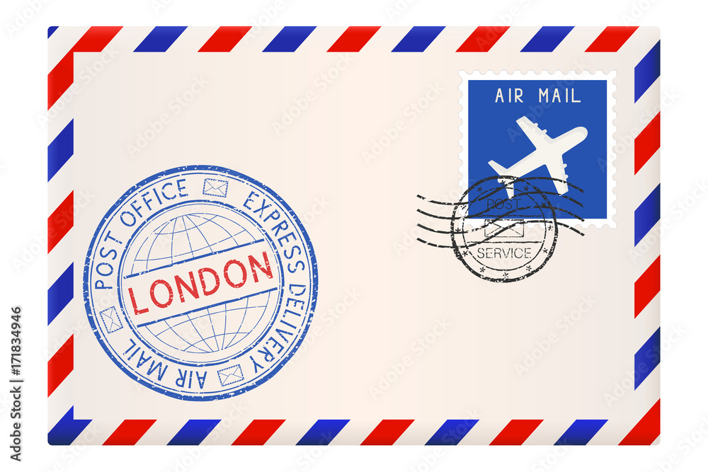 Envelope with LONDON stamp. International mail postage with postmark and stamps