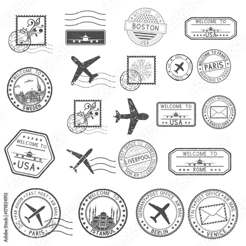 Post stamps. Set of black postmarks and travel Welcome stamps
