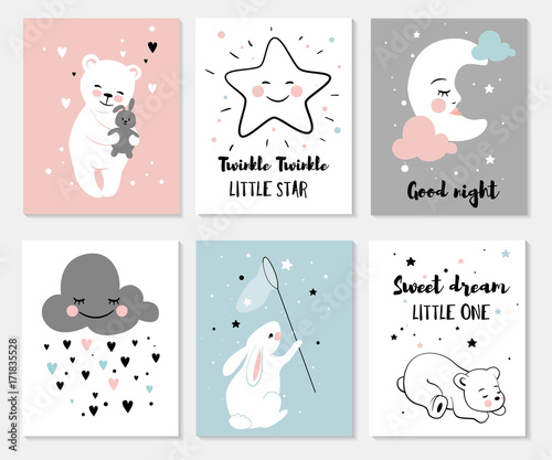 Little bear, rabbit, moon and star, cute characters set, posters for baby room, greeting cards, kids and baby t-shirts and wear