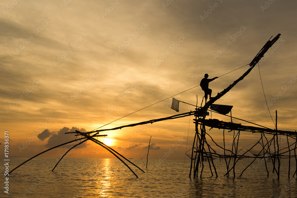 fishermen catching prawns early morning in Phatthalung province, Thailand
