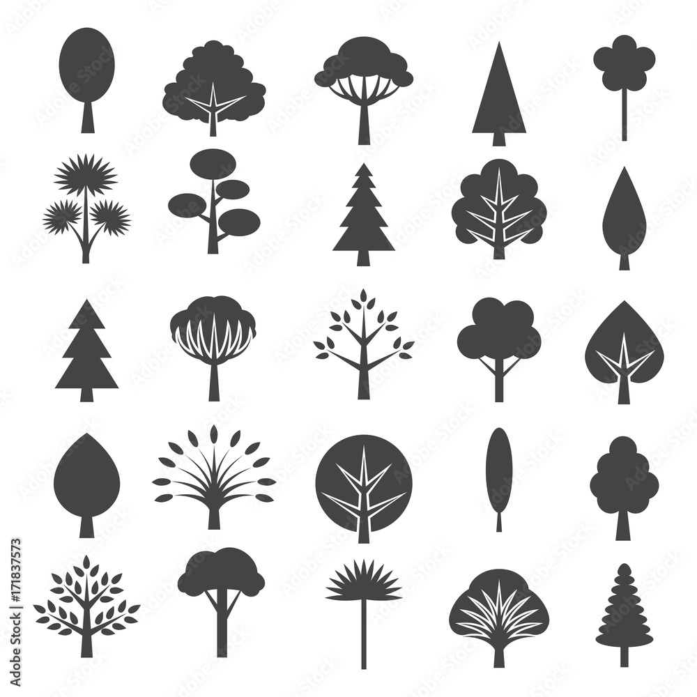 Tree icons isolated on white background. Coniferous and deciduous trees ...