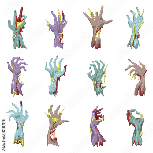 Zombie hand set with gore vector illustration. Cartoon doomsday bloody and decayed grabbing hands or undead human limbs isolated on white