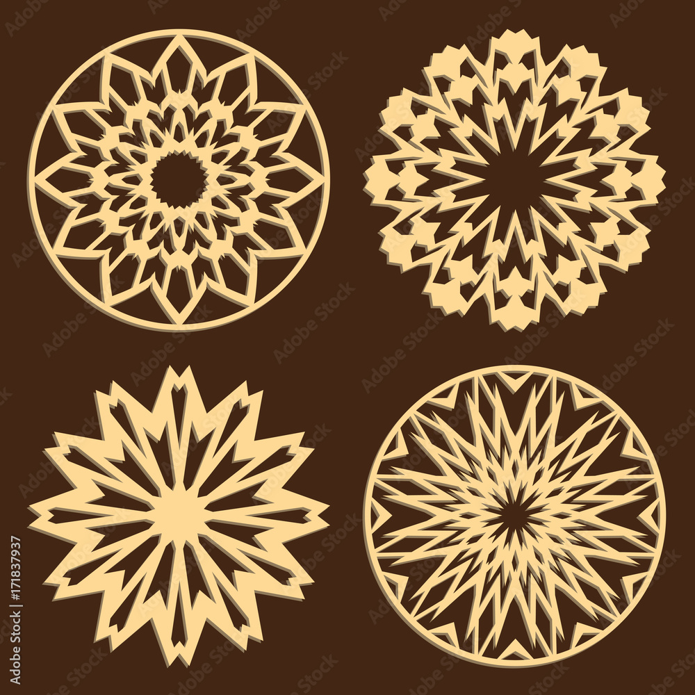 Obraz premium DIY laser cutting patterns. Jigsaw die cut ornaments. Islamic cutout silhouette stencils. Fretwork round panels. Vector coasters for paper cutting, scrapbook and woodcut.