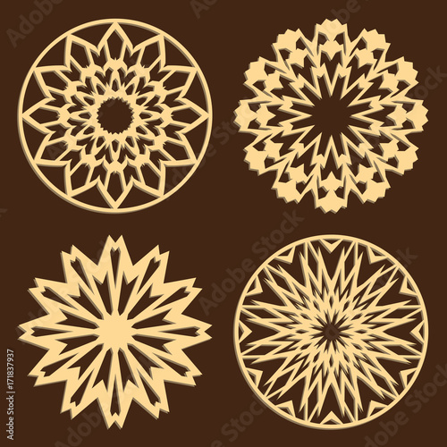 DIY laser cutting patterns. Jigsaw die cut ornaments. Islamic cutout silhouette stencils. Fretwork round panels. Vector coasters for paper cutting, scrapbook and woodcut.