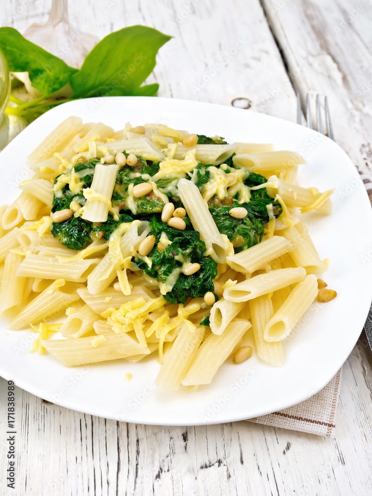 Pasta penne with spinach and cedar nuts on light board