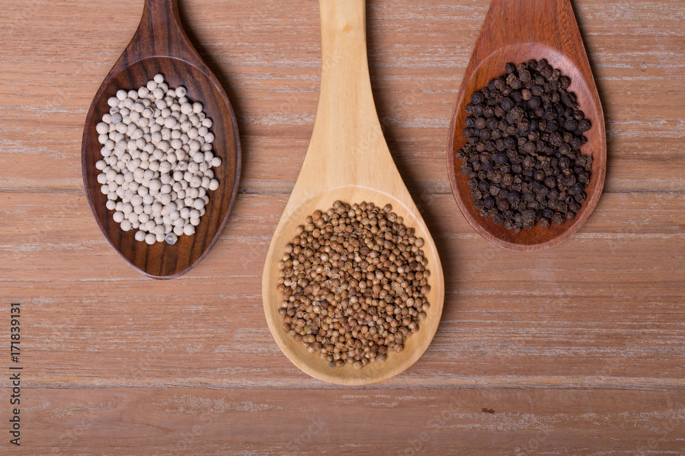 Coriander seeds, Black Pepper Corns and White Pepper Corns Coriander seeds, Black Pepper Corns and White Pepper Corns