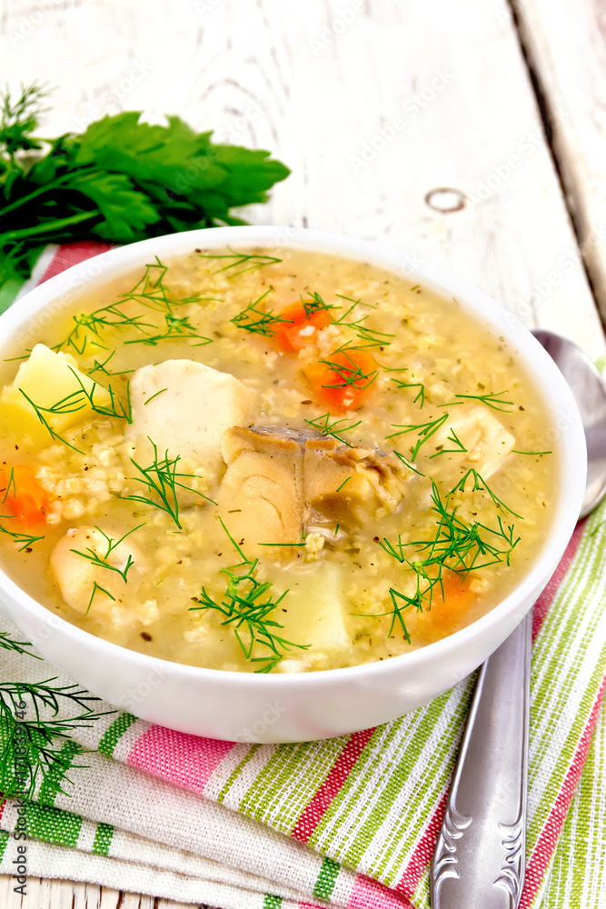 Soup fish with millet on board Soup fish with millet on board