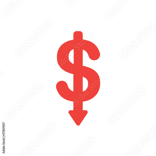 Flat design style vector concept of dollar symbol icon with arrow pointing down on white