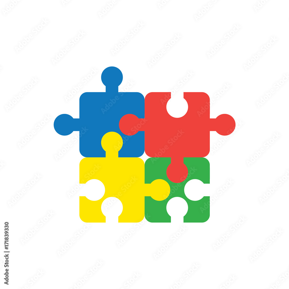 Flat design style vector concept of four jigsaw puzzle pieces icon connected on white