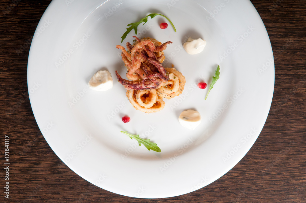 Calamari freshly prepared seafood on a white plate Calamari freshly prepared seafood on a white plate